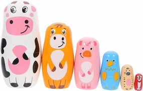6 Layers Russian Nesting Dolls Cow Pig Duck Matryoshka Dolls Wooden Animal Figurine Matryoshka Wooden Toys for Children Kids Winter Party Wishing Gifts