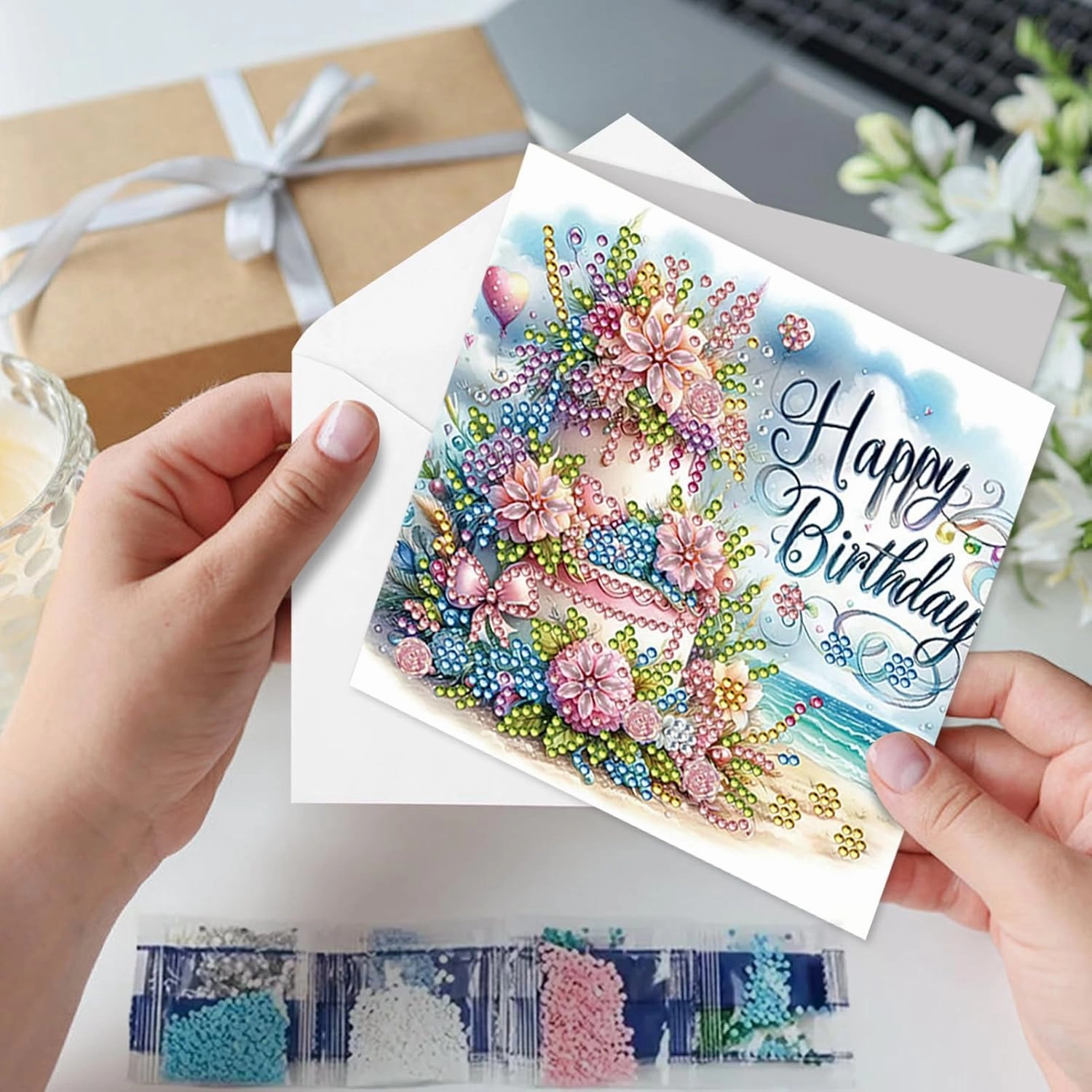 6 Packs DIY 5D Diamond Painting Cards Kits for Adults, Happy Birthday Diamond Art Greeting Cards with Envelop, Diamond Art Cards Gift for Families, Friends, Partners (Birthday 02)