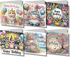 6 Packs DIY 5D Diamond Painting Cards Kits for Adults, Happy Birthday Diamond Art Greeting Cards with Envelop, Diamond Art Cards Gift for Families, Friends, Partners (Birthday 02)