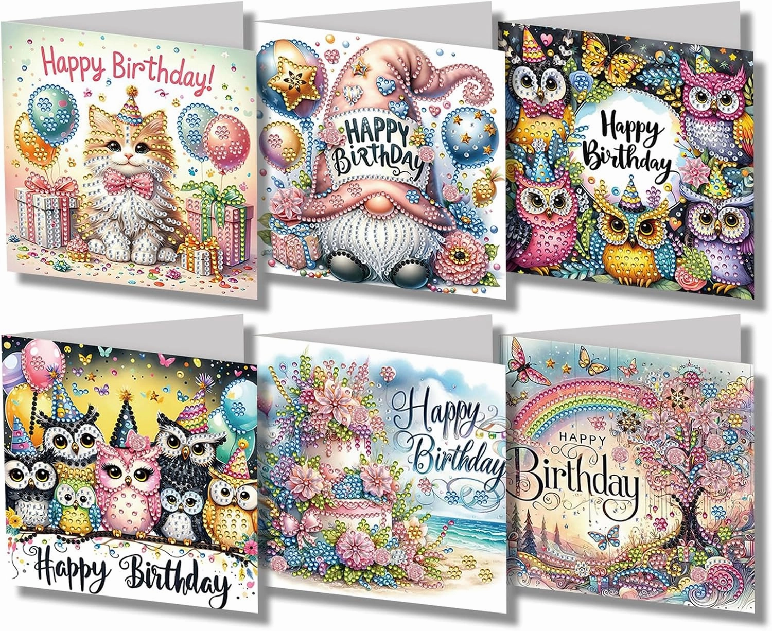 6 Packs DIY 5D Diamond Painting Cards Kits for Adults, Happy Birthday Diamond Art Greeting Cards with Envelop, Diamond Art Cards Gift for Families, Friends, Partners (Birthday 02)