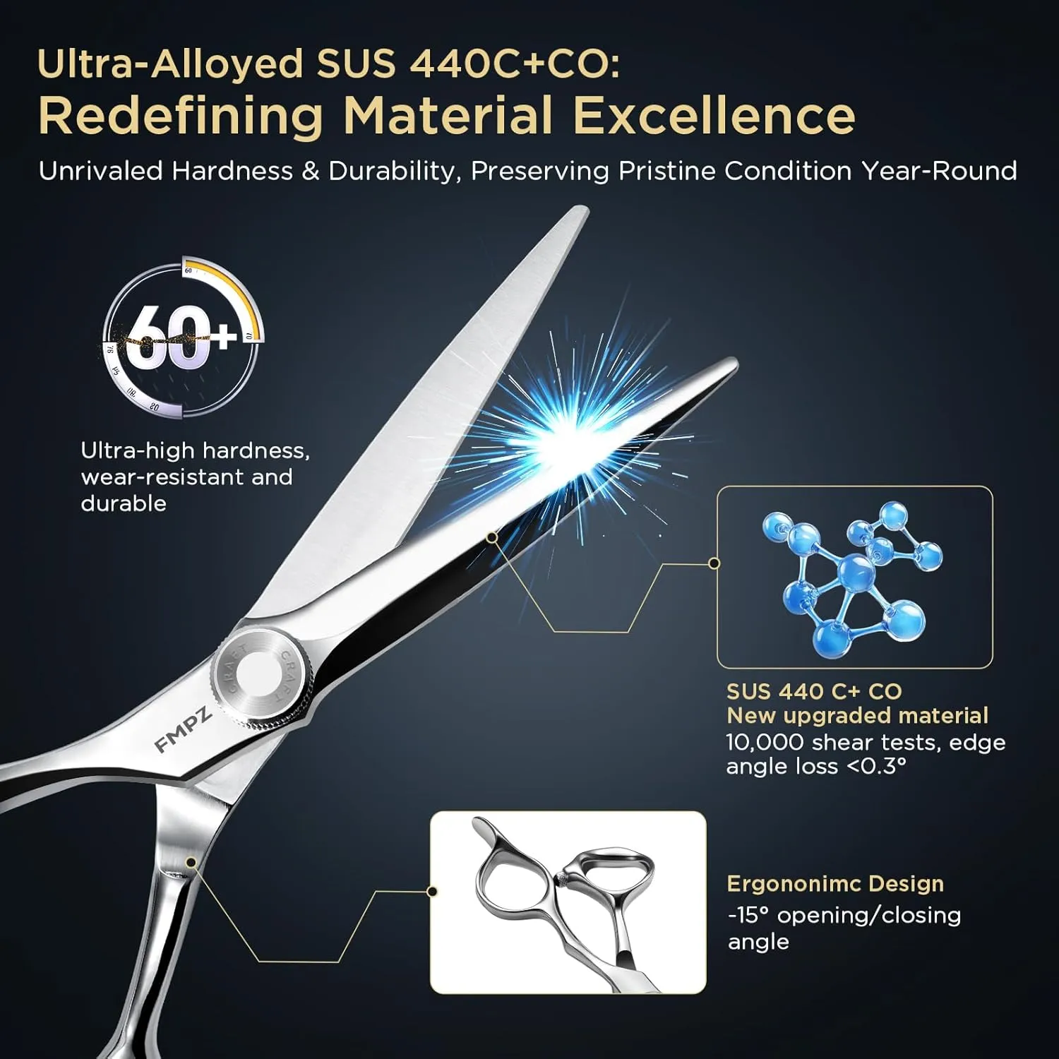 6" Hair Cutting Scissors Professional Barber Scissors, Hair Cutting Shears with 440C Steel - 60HRC Hardness Extremely Sharp with Ergonomic for Salon & Home Use (6'' Professional Hair Shears)
