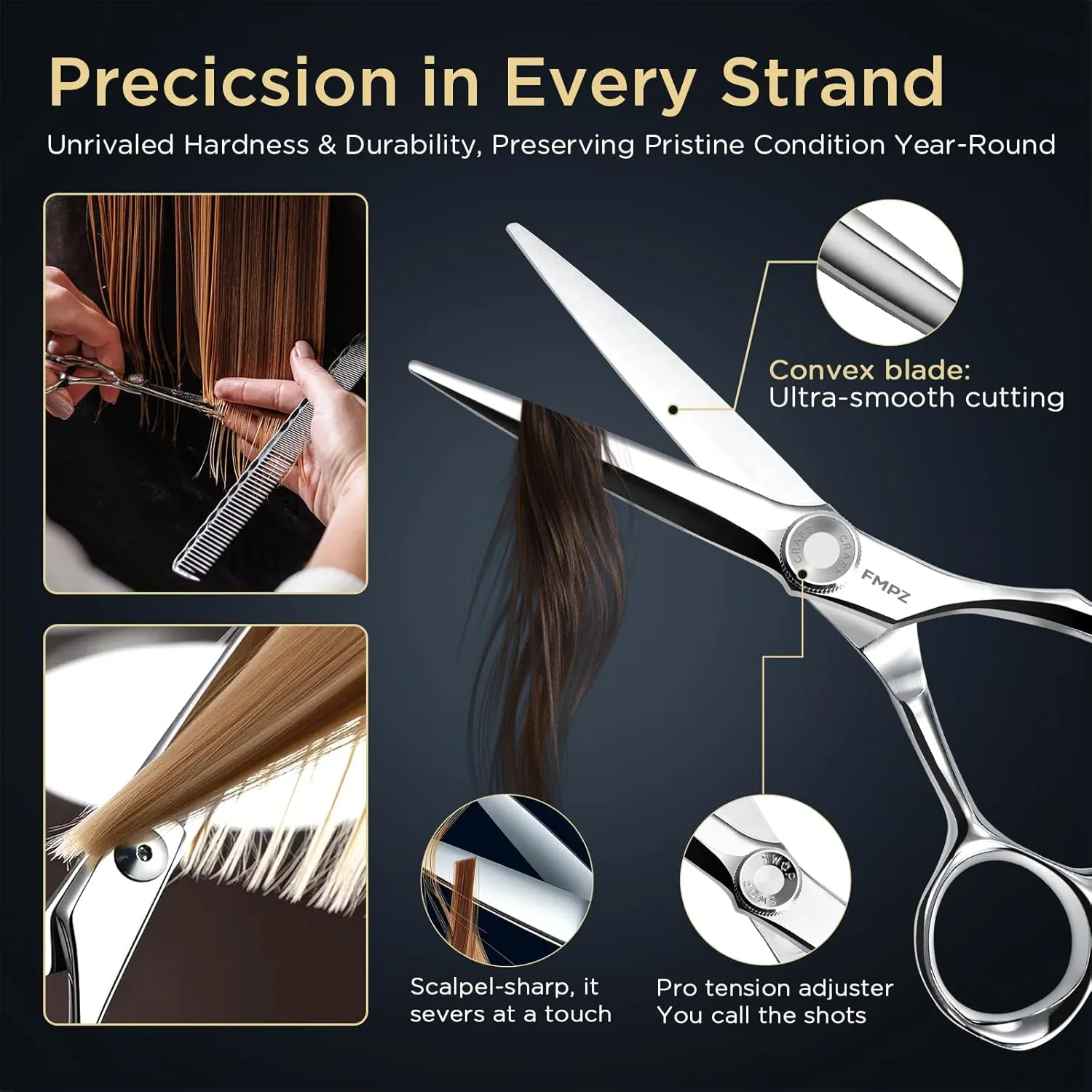 6" Hair Cutting Scissors Professional Barber Scissors, Hair Cutting Shears with 440C Steel - 60HRC Hardness Extremely Sharp with Ergonomic for Salon & Home Use (6'' Professional Hair Shears)