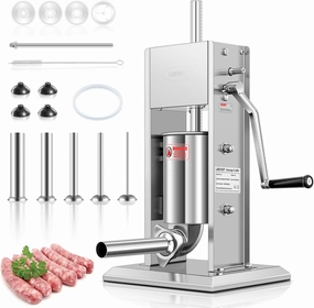 7Lb/3L Sausage Stuffers，304 Stainless Steel Sausage Maker Adjustable, 2 Speeds, 5 Filling Tubes (Silver)