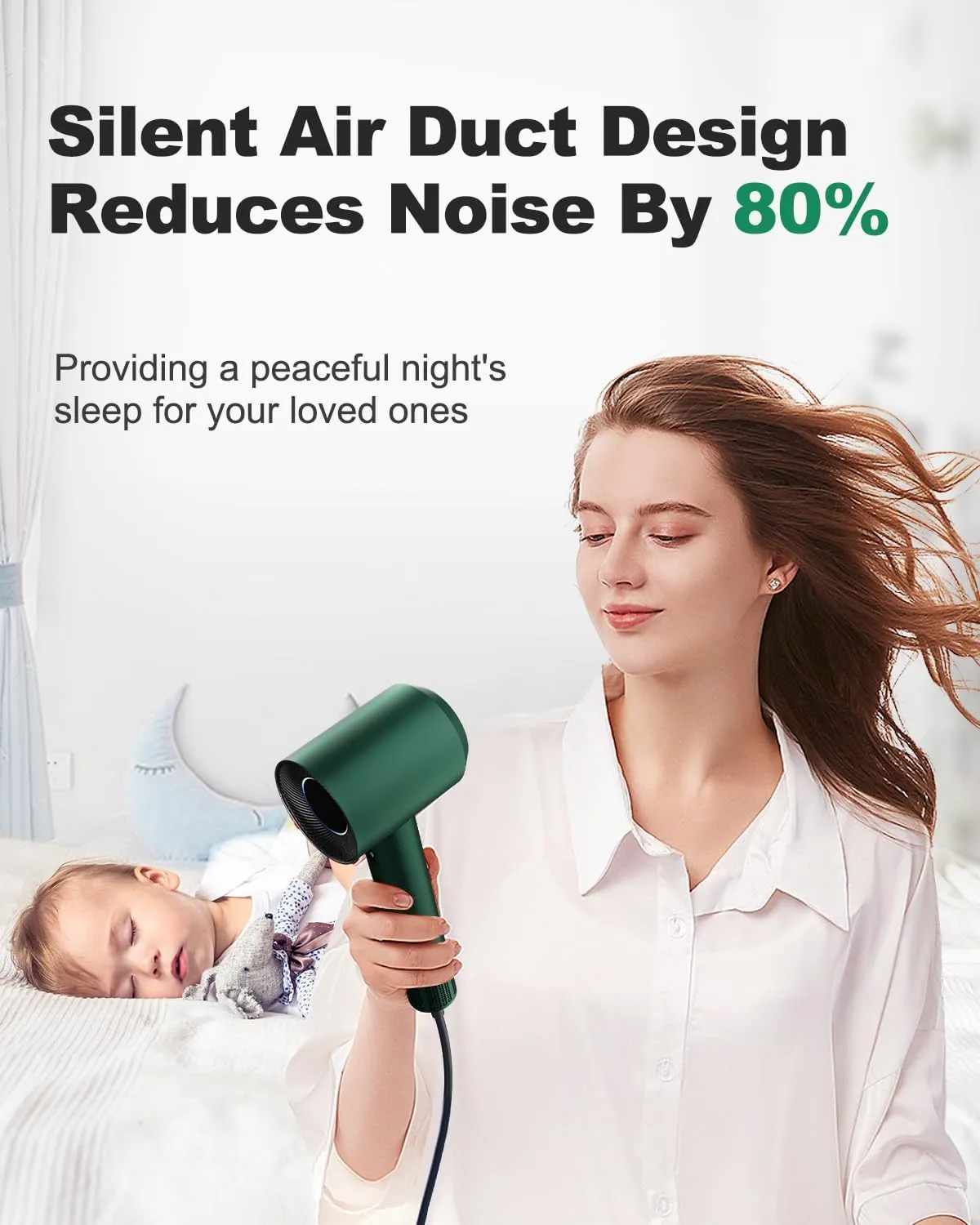 7MAGIC High-Speed Hair Dryer with 110,000RPM Brushless Motor for Fast Drying, Low Noise Blow Dryer with Tri-Colour LED Light Ring, 1400W Ionic Hair Dryer for Home and Travel, Magnetic Nozzle, Green