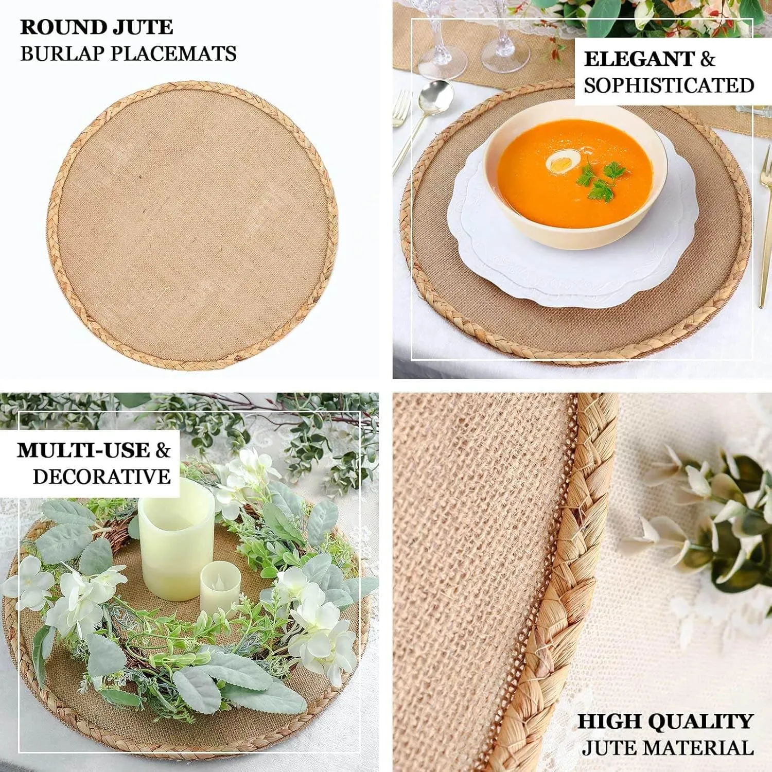8 Pack 15" Natural Rustic Burlap Jute Placemats, Round Braided Edges Farmhouse Style
