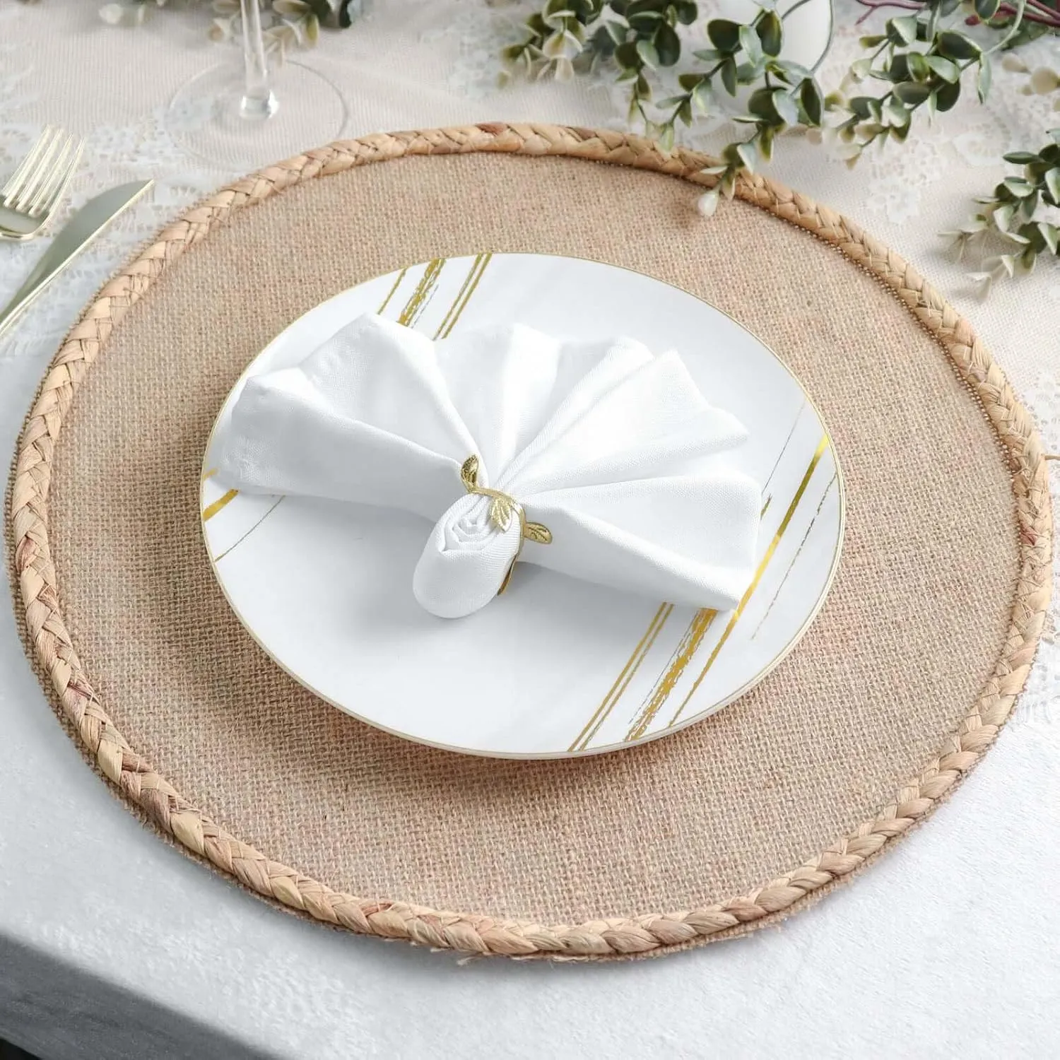 8 Pack 15" Natural Rustic Burlap Jute Placemats, Round Braided Edges Farmhouse Style