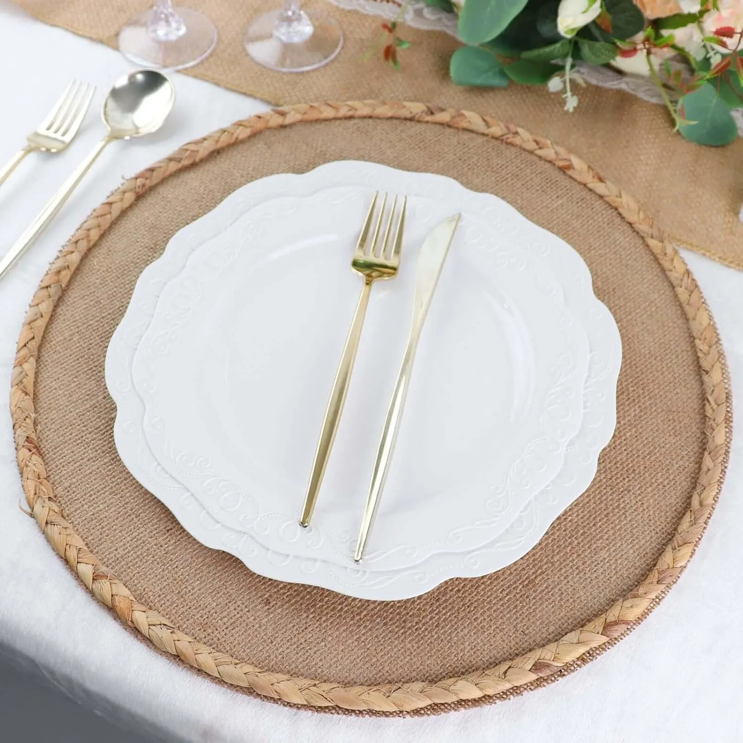8 Pack 15" Natural Rustic Burlap Jute Placemats, Round Braided Edges Farmhouse Style