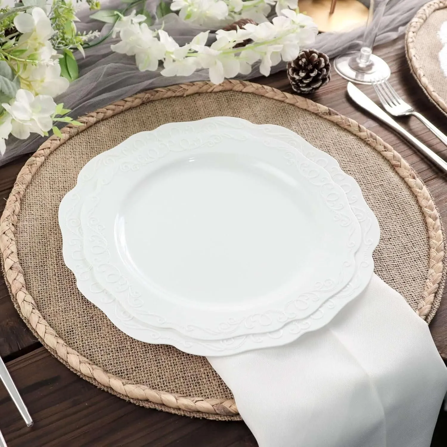 8 Pack 15" Natural Rustic Burlap Jute Placemats, Round Braided Edges Farmhouse Style