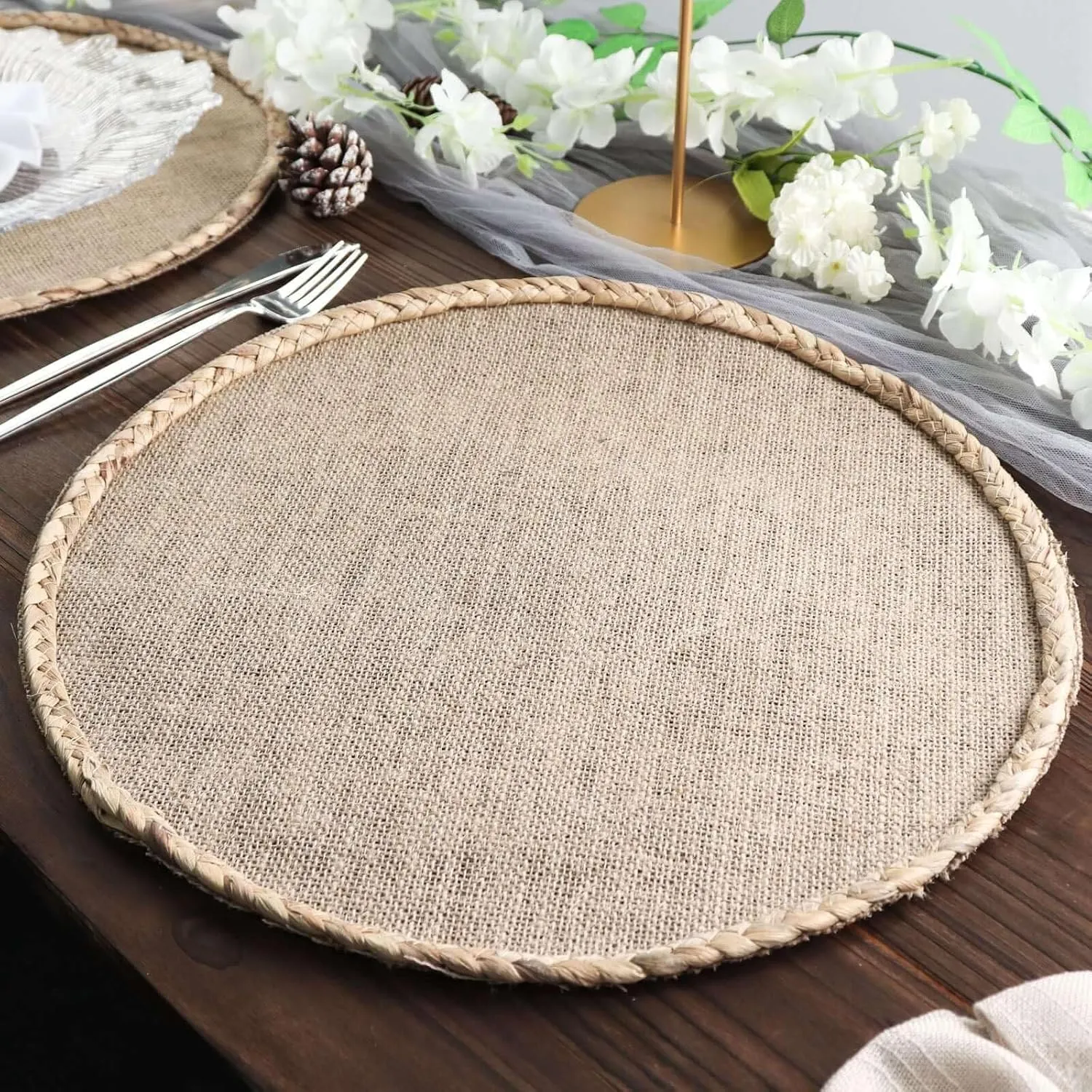 8 Pack 15" Natural Rustic Burlap Jute Placemats, Round Braided Edges Farmhouse Style