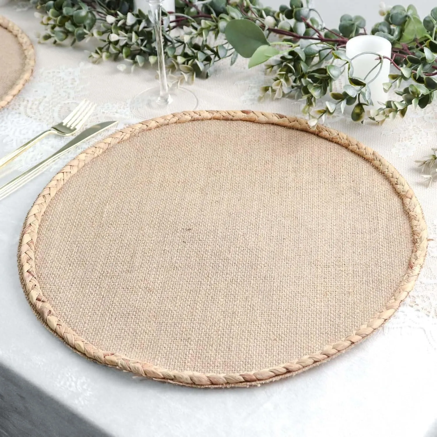 8 Pack 15" Natural Rustic Burlap Jute Placemats, Round Braided Edges Farmhouse Style