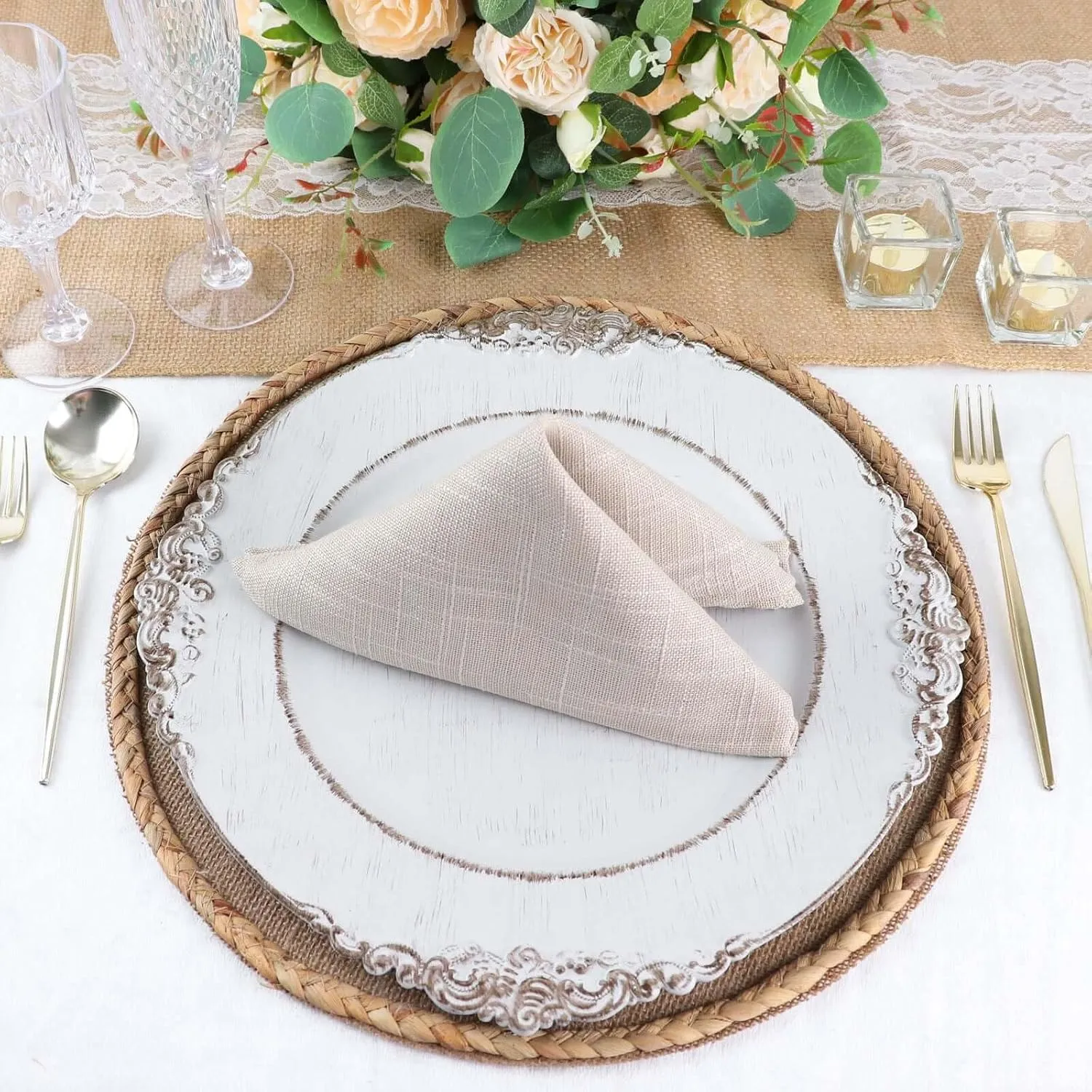 8 Pack 15" Natural Rustic Burlap Jute Placemats, Round Braided Edges Farmhouse Style