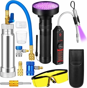 AC Leak Detector Kit, R1234yf R134a R410a AC Oil UV Dye Injector Kit Refrigerant Leak Detector Tool Low Side Quick Coupler Mini Split Adapter Glasses Flashlight(Useful)