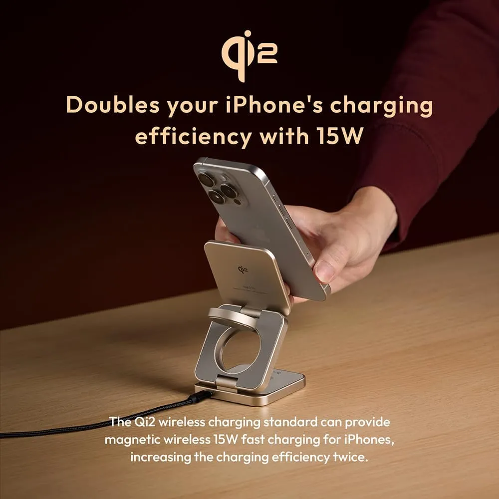 ADAM elements Qi2 Magnetic Wireless Charger/Fast Charger – Mag 3 Pro Qi2 3-in-1 Foldable Travel Fast Charging Station 15W for iPhone 12/13/14/15/16 Series, Apple Watch & AirPods Series (Titanium)