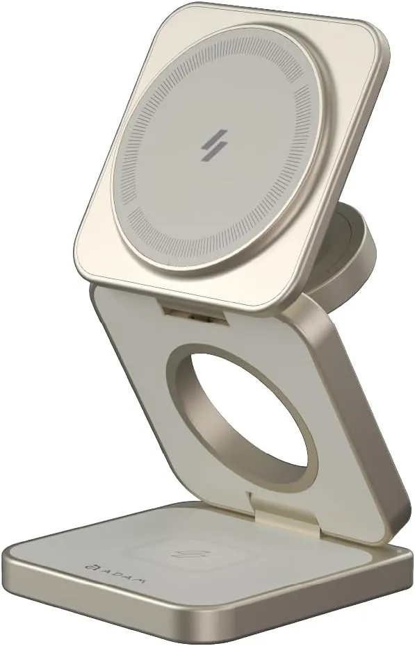ADAM elements Qi2 Magnetic Wireless Charger/Fast Charger – Mag 3 Pro Qi2 3-in-1 Foldable Travel Fast Charging Station 15W for iPhone 12/13/14/15/16 Series, Apple Watch & AirPods Series (Titanium)