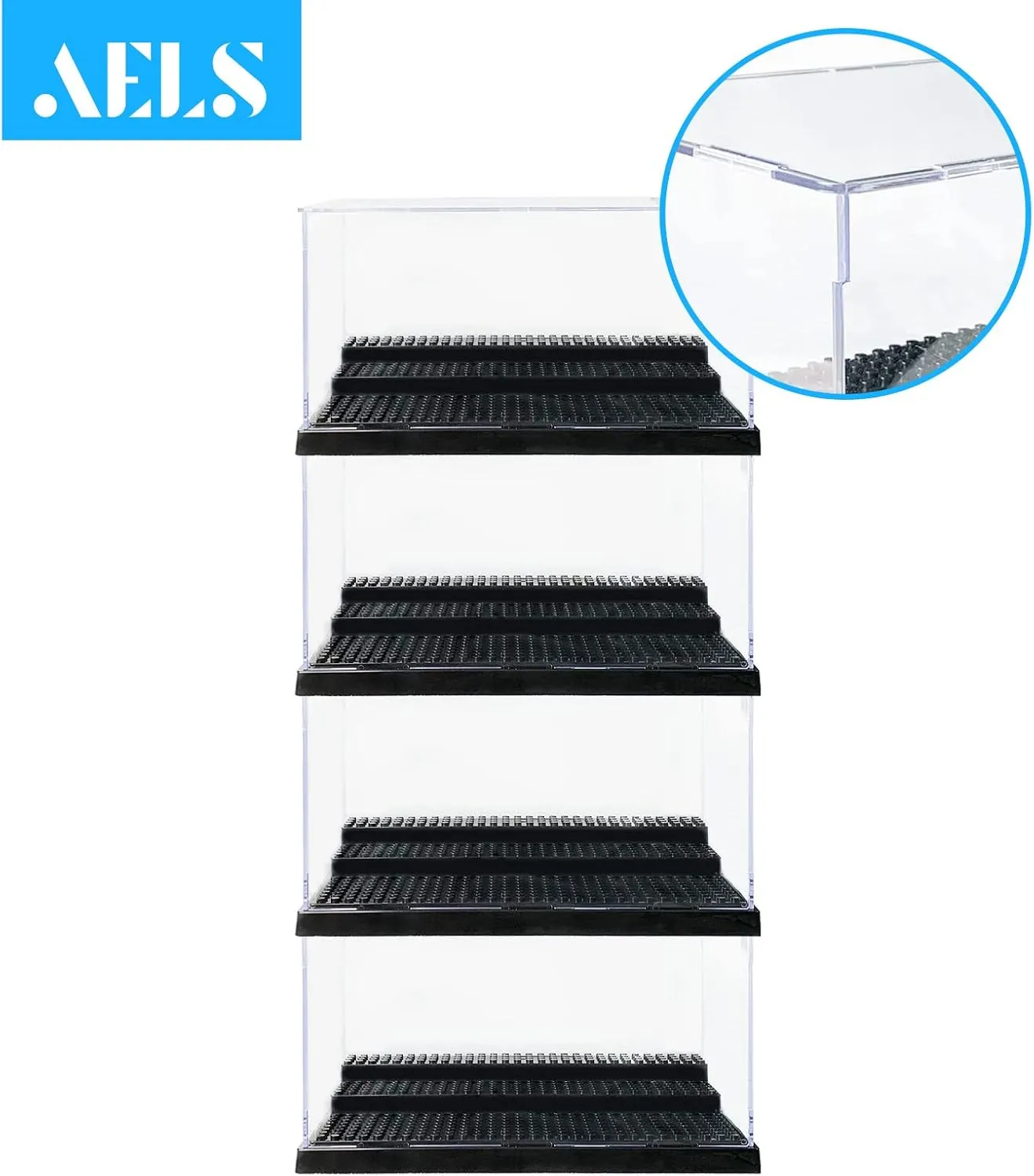 AELS 3-Level Acrylic Display Case Set, Dustproof Showcase for Collection Bricks Blocks Toys Models Minifigures Building, Clear, Removable (Black - 4 Packs)