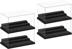 AELS 3-Level Acrylic Display Case Set, Dustproof Showcase for Collection Bricks Blocks Toys Models Minifigures Building, Clear, Removable (Black - 4 Packs)