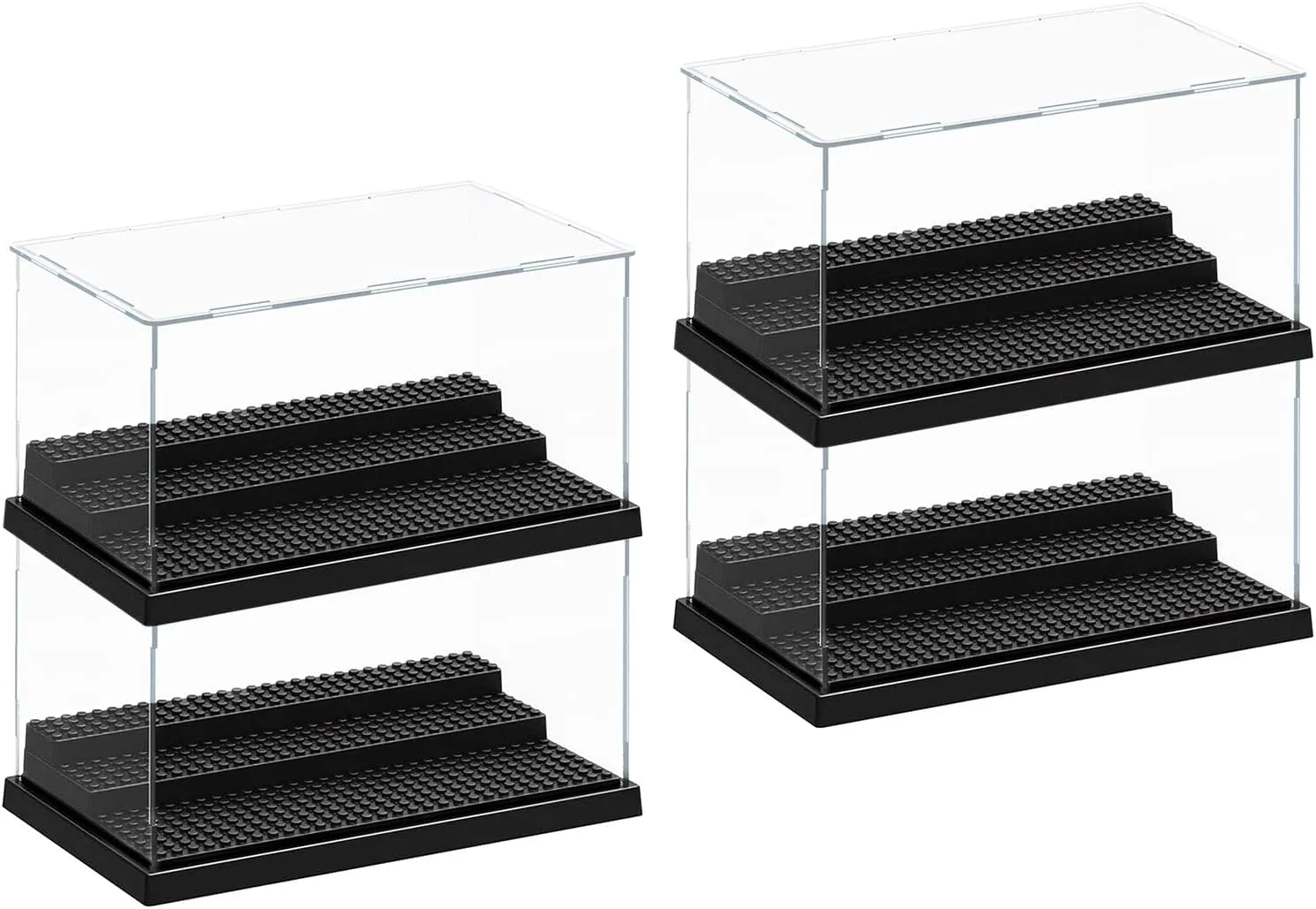 AELS 3-Level Acrylic Display Case Set, Dustproof Showcase for Collection Bricks Blocks Toys Models Minifigures Building, Clear, Removable (Black - 4 Packs)
