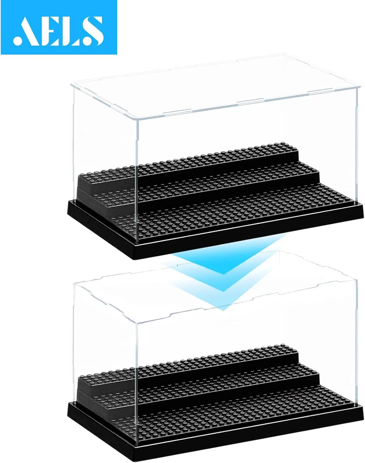 AELS 3-Level Acrylic Display Case Set, Dustproof Showcase for Collection Bricks Blocks Toys Models Minifigures Building, Clear, Removable (Black - 4 Packs)