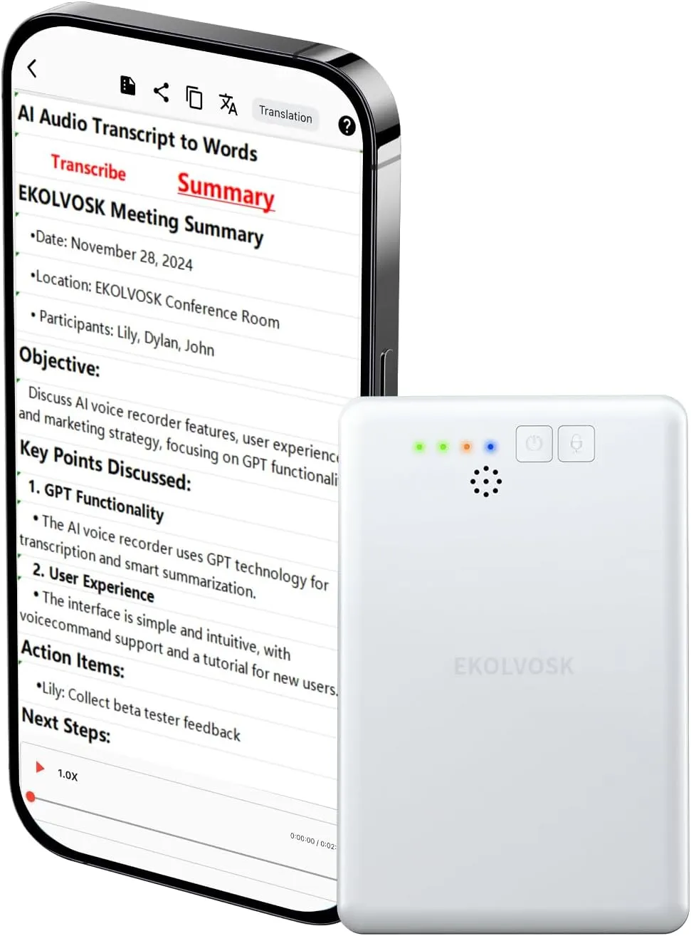 AI Voice Recorder,Transcribe & Summarize Empowered by GPT & DeepSeek,APP Control,4G File Transfer,3600 Mins of Cloud Storage,Support 88 Languages,Audio Recorder for Meetings,Lectures,Calls,Silver
