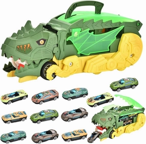 Ailejia Transformed Dinosaur Truck Toy with 11 Mini Pull Back Car, Dinosaur Eating Cars with Wings and Handle for Kids 3-5, Birthday Gifts Toys (Dark Green)