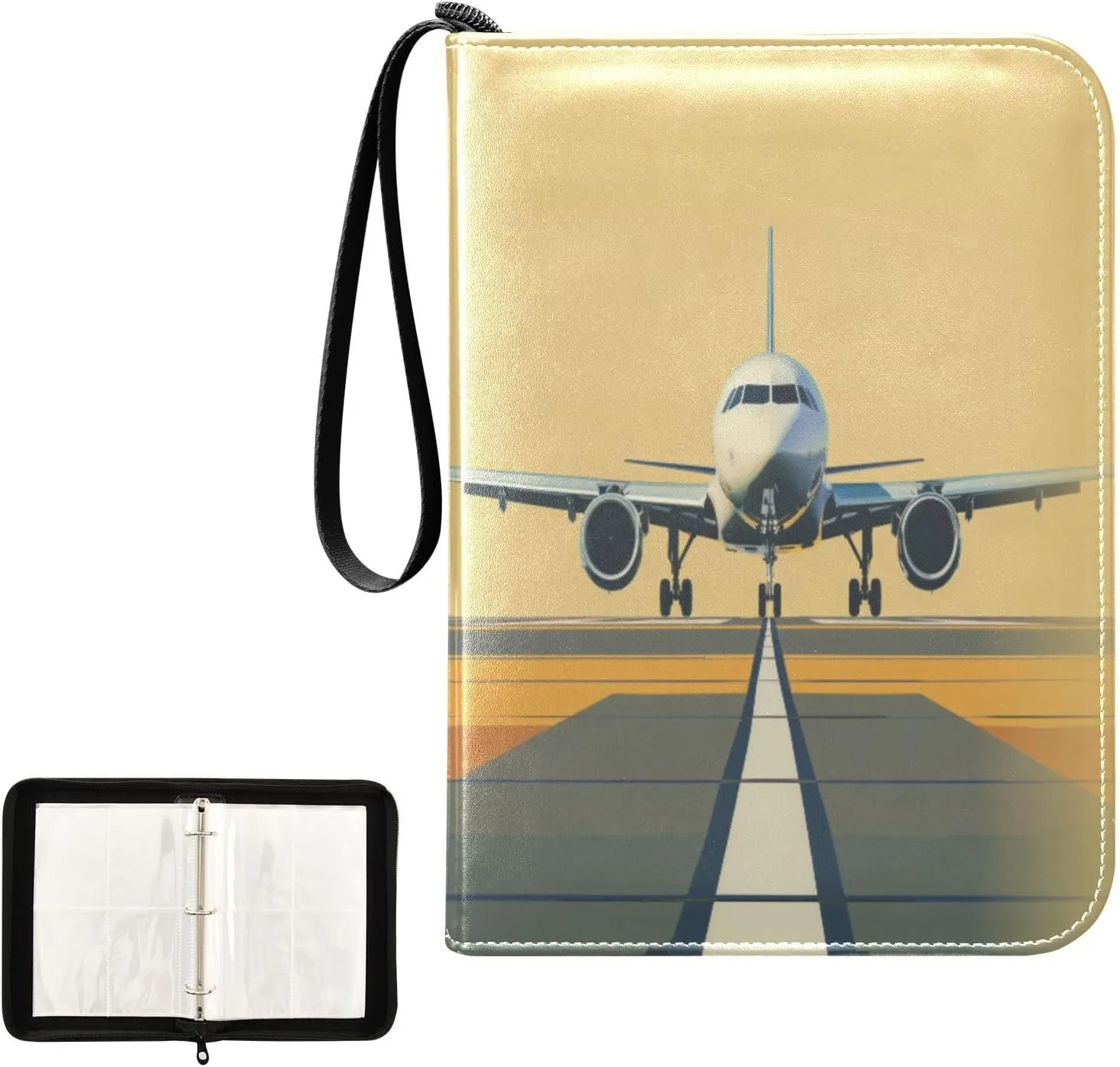 Airplane on Airport Card Binder 4 Pocket, Trading Card Holder Fits 400 Game Cards with 50 Removable Sleeves, MTG Card Case Standard Size