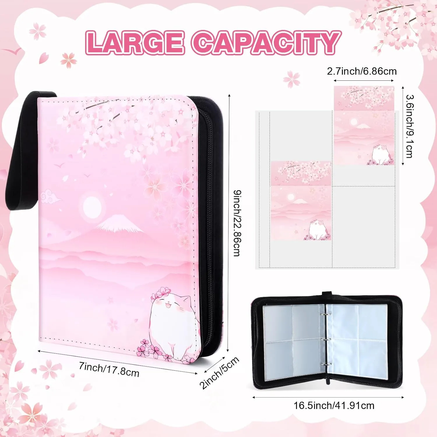 Aliceset Card Binder for Girls Gifts 4 Pocket with 55 Sleeves 440 Cards Collectible Trading Binder Case Cute Album Holder Book for Game Sports Collection Organizer Supply(Sakura Cat)