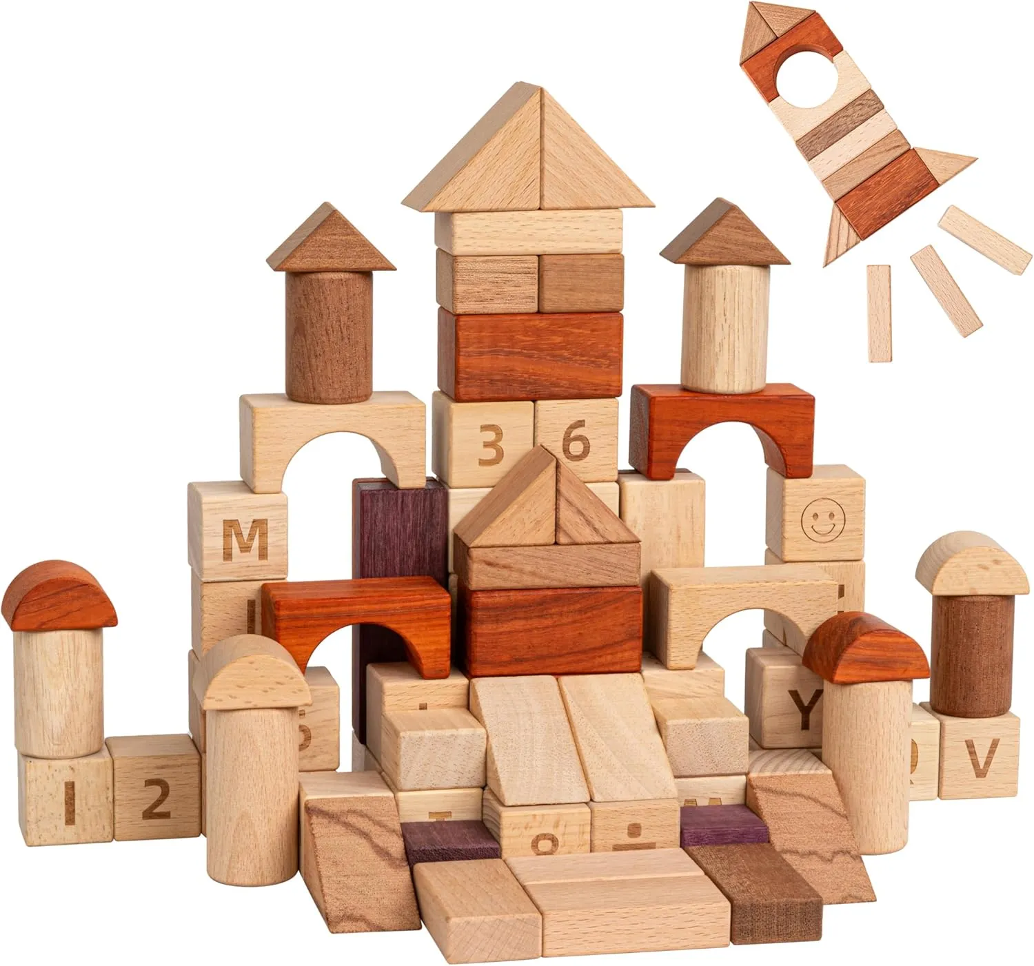 Alphabet Number Early Math Wooden Building Blocks Set - 86 Blocks in 6 Shapes with Wooden Storage Tray. Preschool Montessori Kids Toys. Stacking Learning Toys for Toddlers. Age 3 Years  