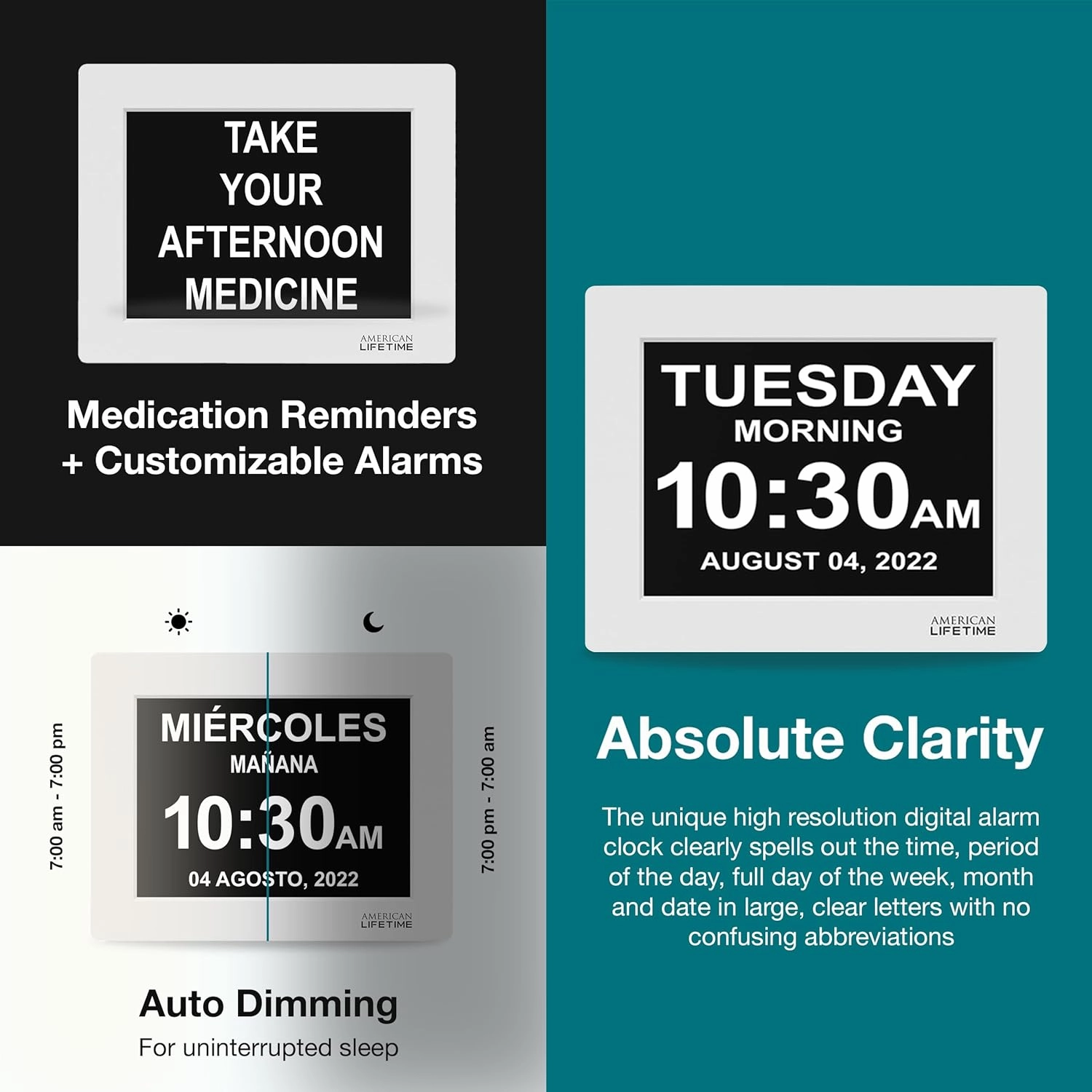 American Lifetime 【New 2025 Dementia Clock Large Digital Clock for Seniors, Alzeimer Clock Large Display with Custom Alarms, Clock with Day & Date for Elderly, Large Number Digital Calendar White