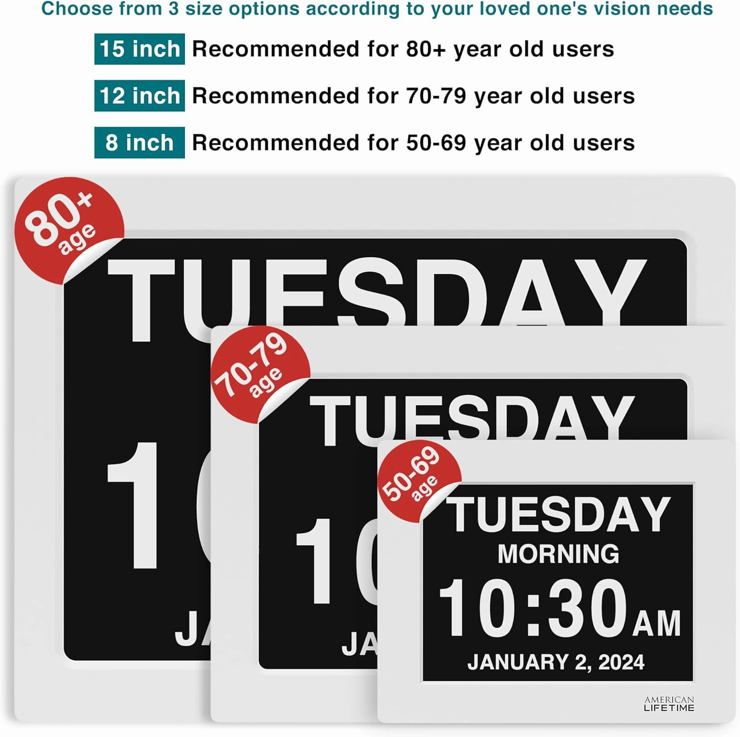 American Lifetime 【New 2025 Dementia Clock Large Digital Clock for Seniors, Alzeimer Clock Large Display with Custom Alarms, Clock with Day & Date for Elderly, Large Number Digital Calendar White
