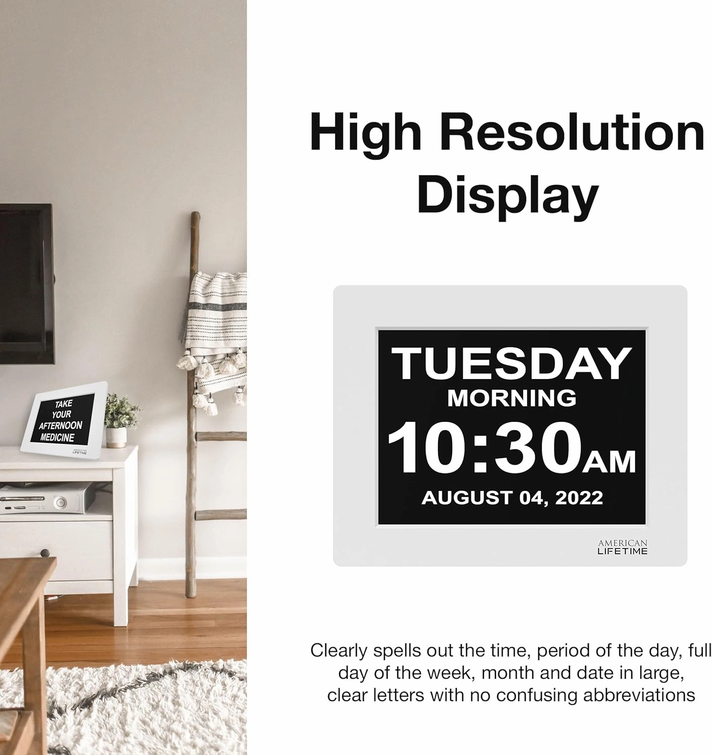 American Lifetime 【New 2025 Dementia Clock Large Digital Clock for Seniors, Alzeimer Clock Large Display with Custom Alarms, Clock with Day & Date for Elderly, Large Number Digital Calendar White