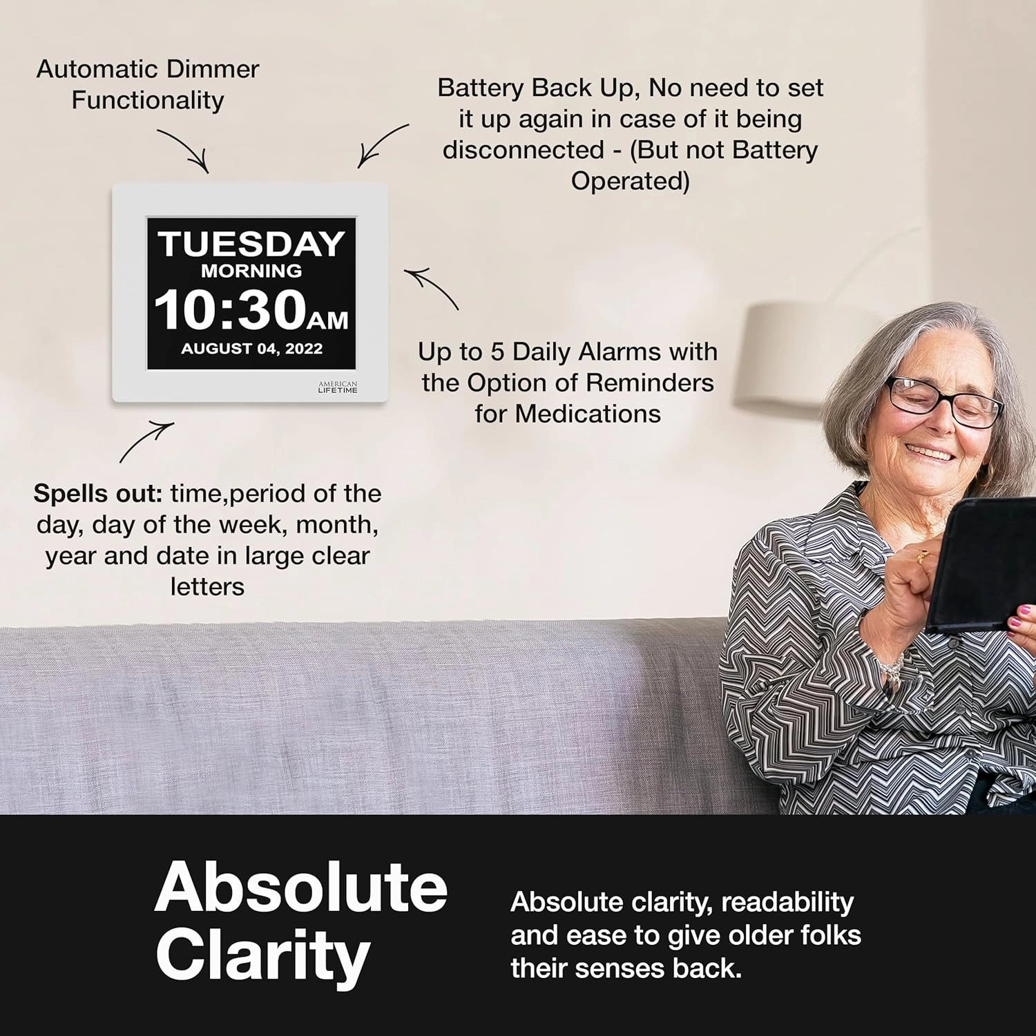American Lifetime 【New 2025 Dementia Clock Large Digital Clock for Seniors, Alzeimer Clock Large Display with Custom Alarms, Clock with Day & Date for Elderly, Large Number Digital Calendar White