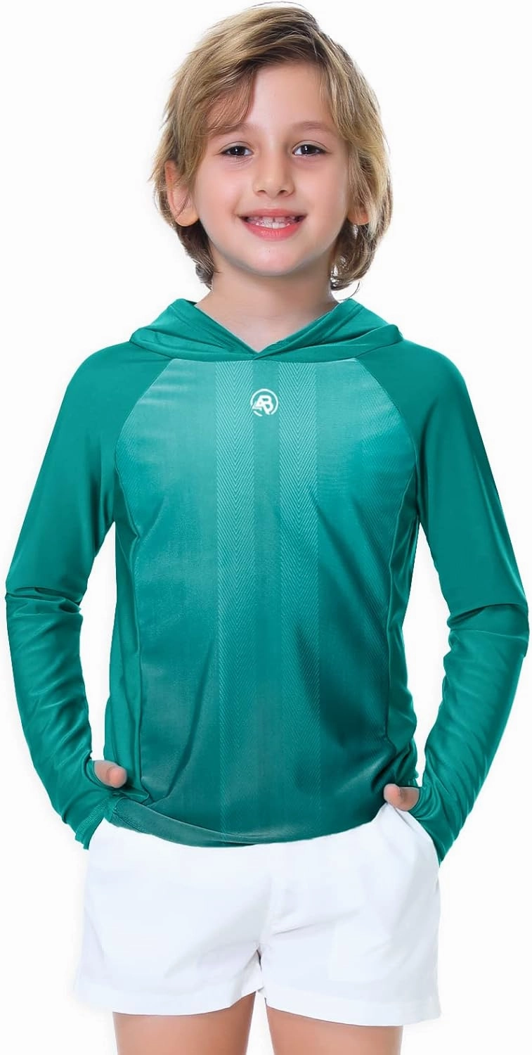 AOBUTE Unisex Kids Long Sleeve Hoodie Rash Guard Boys UPF 50  Swim Top with Thumb Hole 3-12 Years