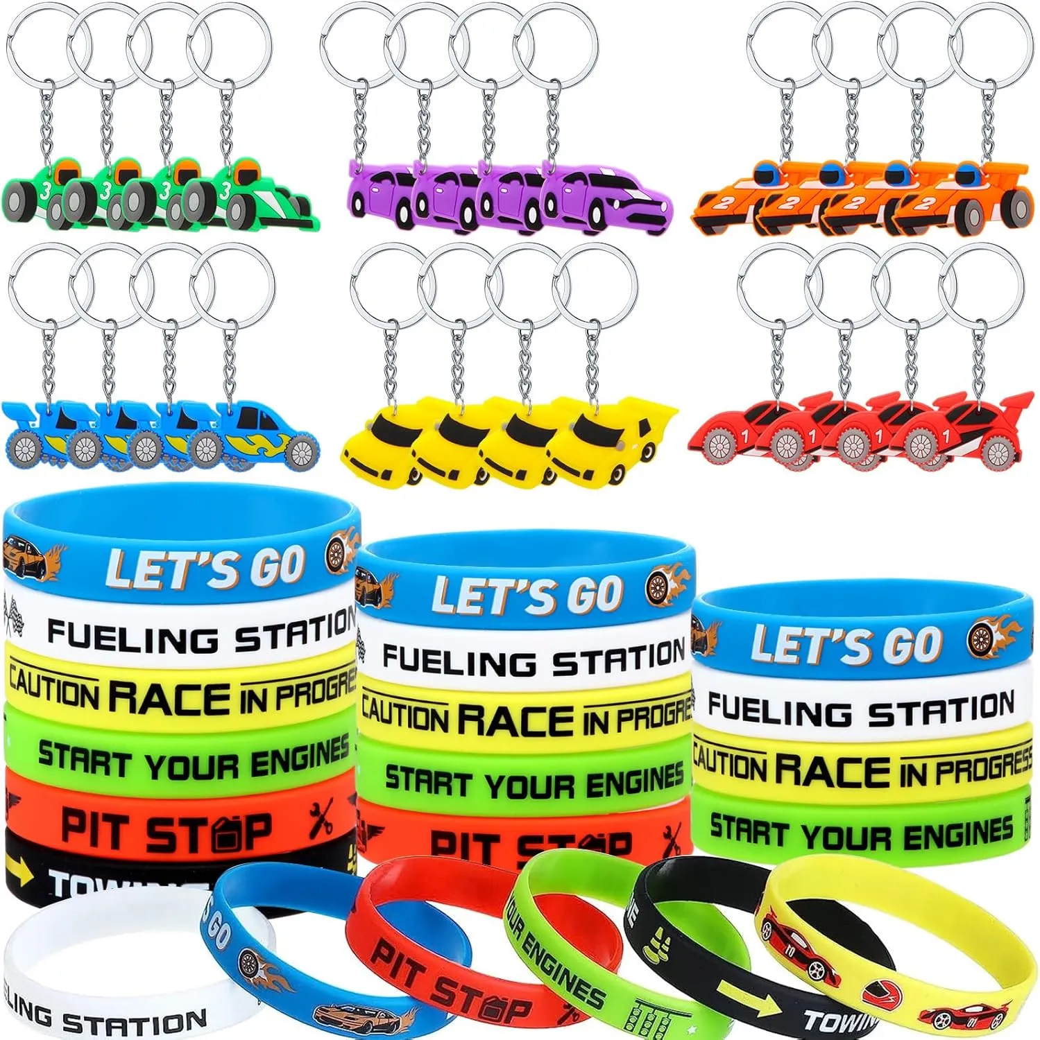 Aoriher 48 Pcs Race Car Birthday Party Favors Racing Rubber Bracelets and Car Theme Keychains Racing Goodie Bag Fillers Classroom Rewards for Girls and Boys Birthday Party Decoration Supplies