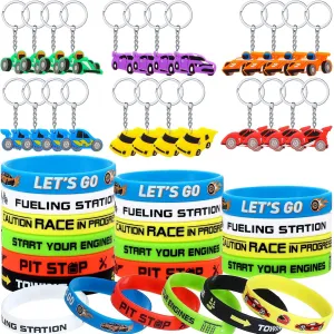 Aoriher 48 Pcs Race Car Birthday Party Favors Racing Rubber Bracelets and Car Theme Keychains Racing Goodie Bag Fillers Classroom Rewards for Girls and Boys Birthday Party Decoration Supplies