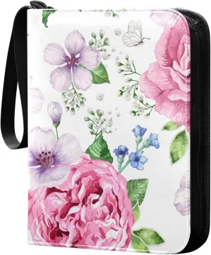 Apple Tree Roses Hydrangea Flowers Pattern Card Binder for Trading Cards, 4 Pocket with 50 Sleeves up to 400 Cards, Double Sided Pockets Card Holder Carry Case for Baseball Card, Football Card, Gaming