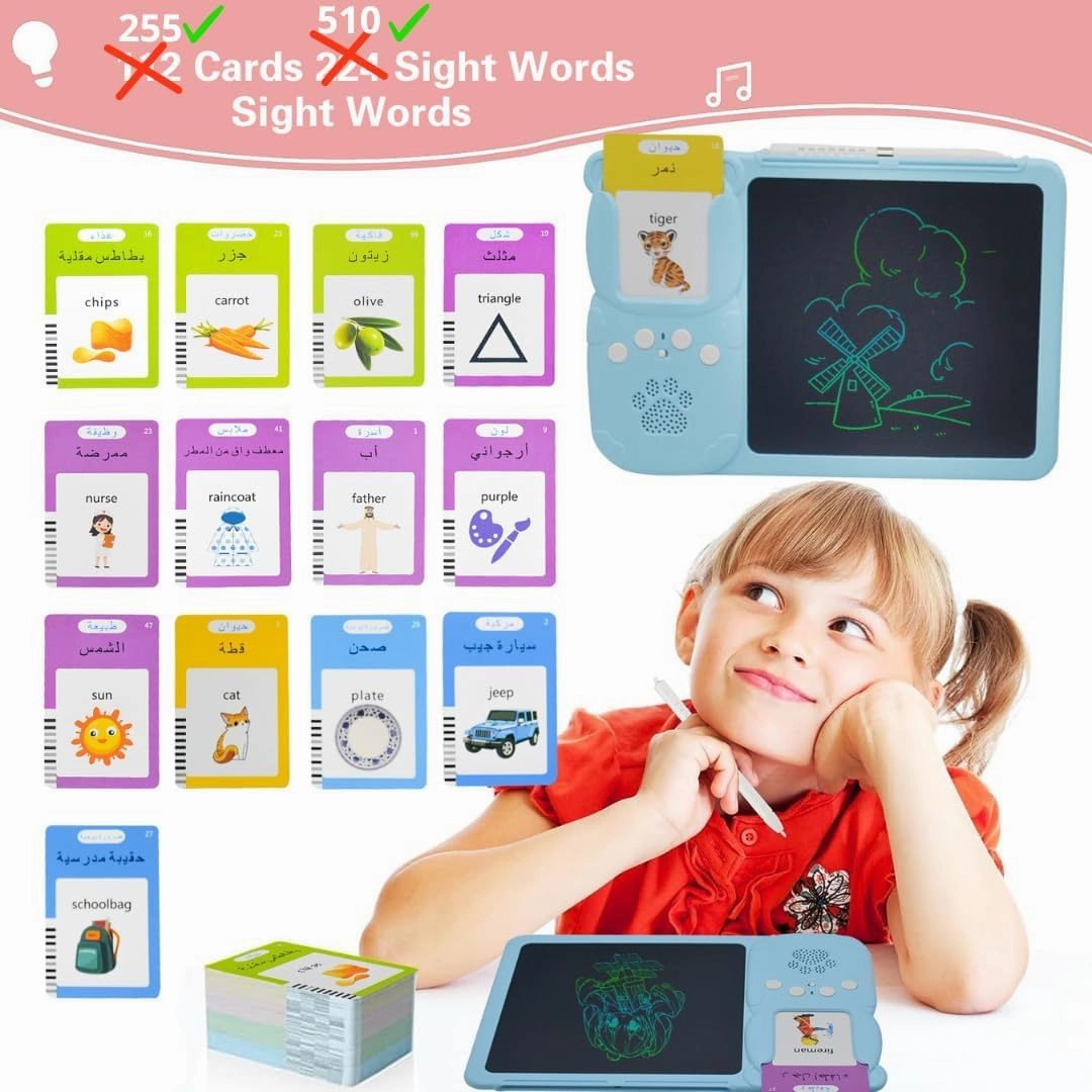 Arabic Writing Tablet & FlashCards Learning Toys (3-12 Years), 255PCS Audible Flashcards Educational Arabic Talking Toys with 510 Words & Pink Tablet