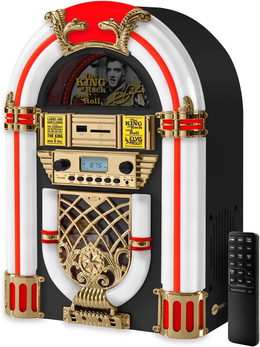 Arkrocket Athena Mini Jukebox/Tabletop CD Player/Bluetooth Speaker/Radio/USB and SD Card Player with Retro LED Lighting System (Black Golden)
