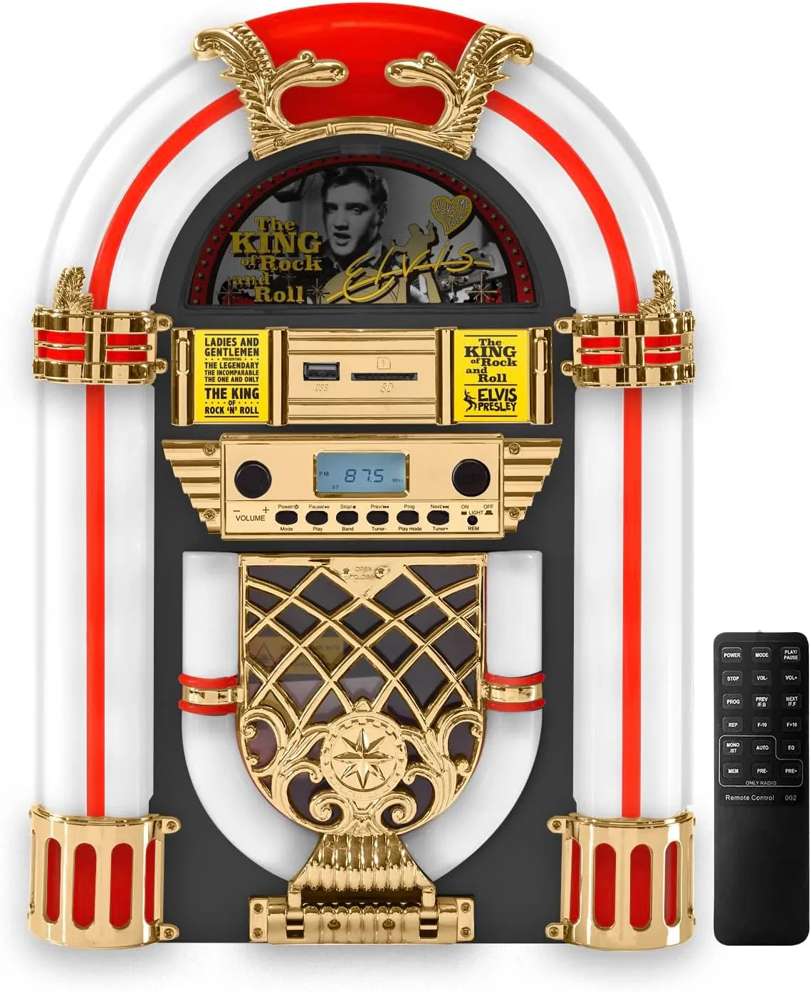 Arkrocket Athena Mini Jukebox/Tabletop CD Player/Bluetooth Speaker/Radio/USB and SD Card Player with Retro LED Lighting System (Black Golden)