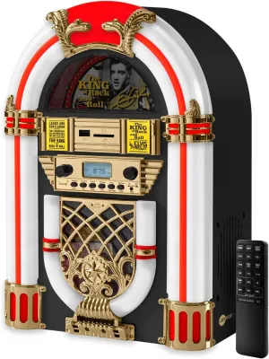 Arkrocket Athena Mini Jukebox/Tabletop CD Player/Bluetooth Speaker/Radio/USB and SD Card Player with Retro LED Lighting System (Black Golden)