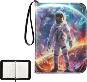 Astronaut Colorful Space Galaxy Card Binder 4 Pocket, Trading Card Holder Fits 400 Game Cards with 50 Removable Sleeves, MTG Card Case Standard Size