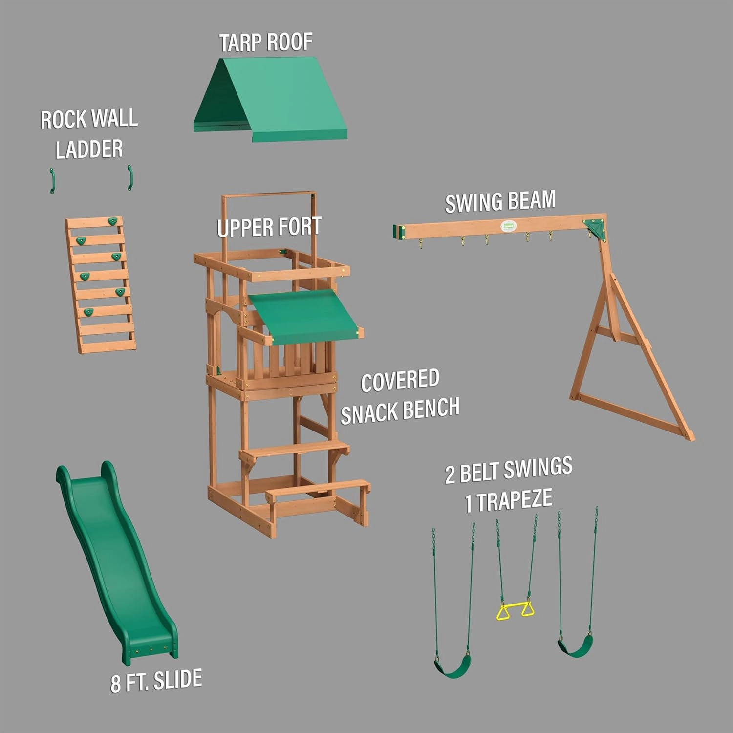 Backyard Discovery Belmont Cedar Wood Swing Set with Wave Slide, Play Deck, Rock Wall Ladder, Snack Bar Window, Shaded Picnic Area, Bench, Belt Swings, Trapeze, Sandbox Area, Canopy, Outdoor Playset