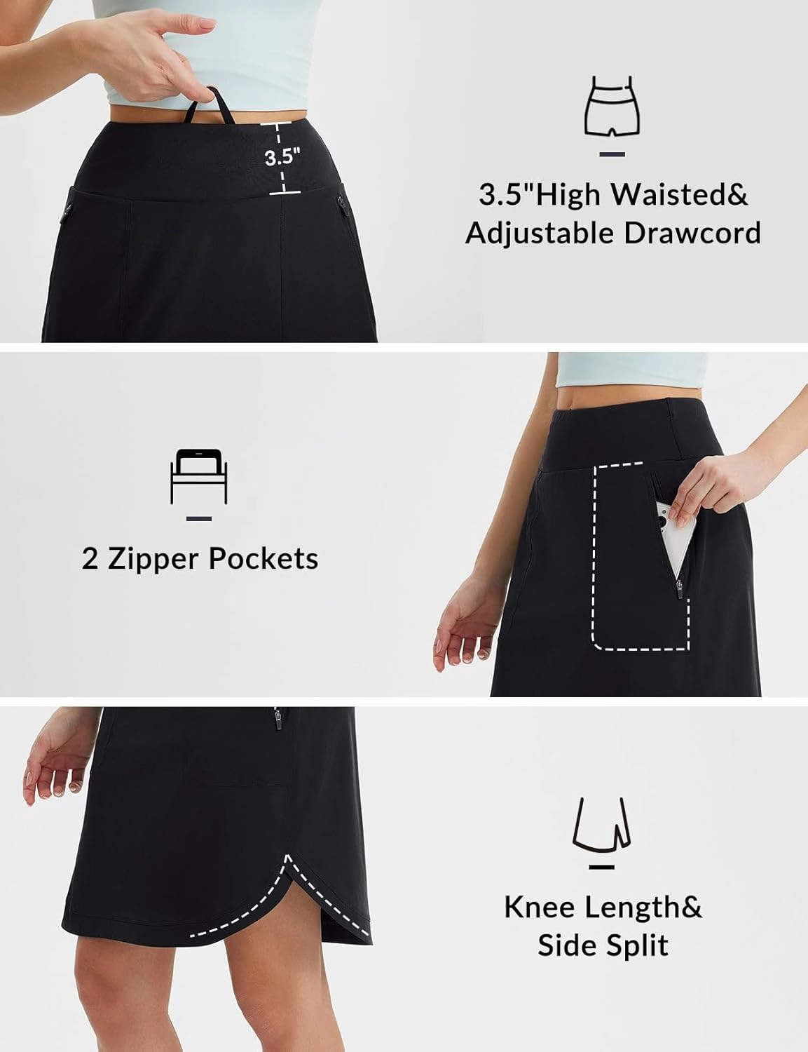 baleaf Skorts for Women 20" Golf Athletic Tennis Skirts Knee Length Pickleball Hiking Casual Skort Zipper Pockets UPF50 