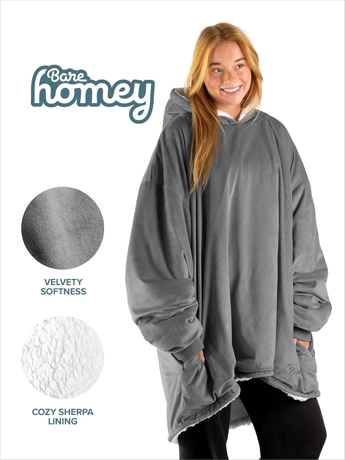 Bare Home Wearable Blanket B-Cozy Hoodie - Soft Plush Sherpa - Warm and Cozy - Oversized Wearable Blanket - Adult & Kid Sizes