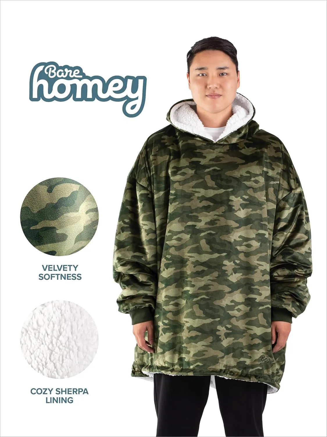 Bare Home Wearable Blanket B-Cozy Hoodie - Soft Plush Sherpa - Warm and Cozy - Oversized Wearable Blanket - Adult & Kid Sizes