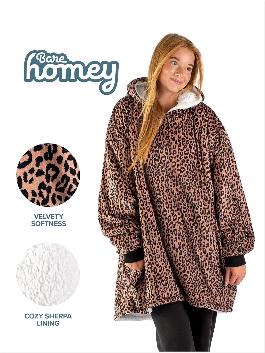 Bare Home Wearable Blanket B-Cozy Hoodie - Soft Plush Sherpa - Warm and Cozy - Oversized Wearable Blanket - Adult & Kid Sizes