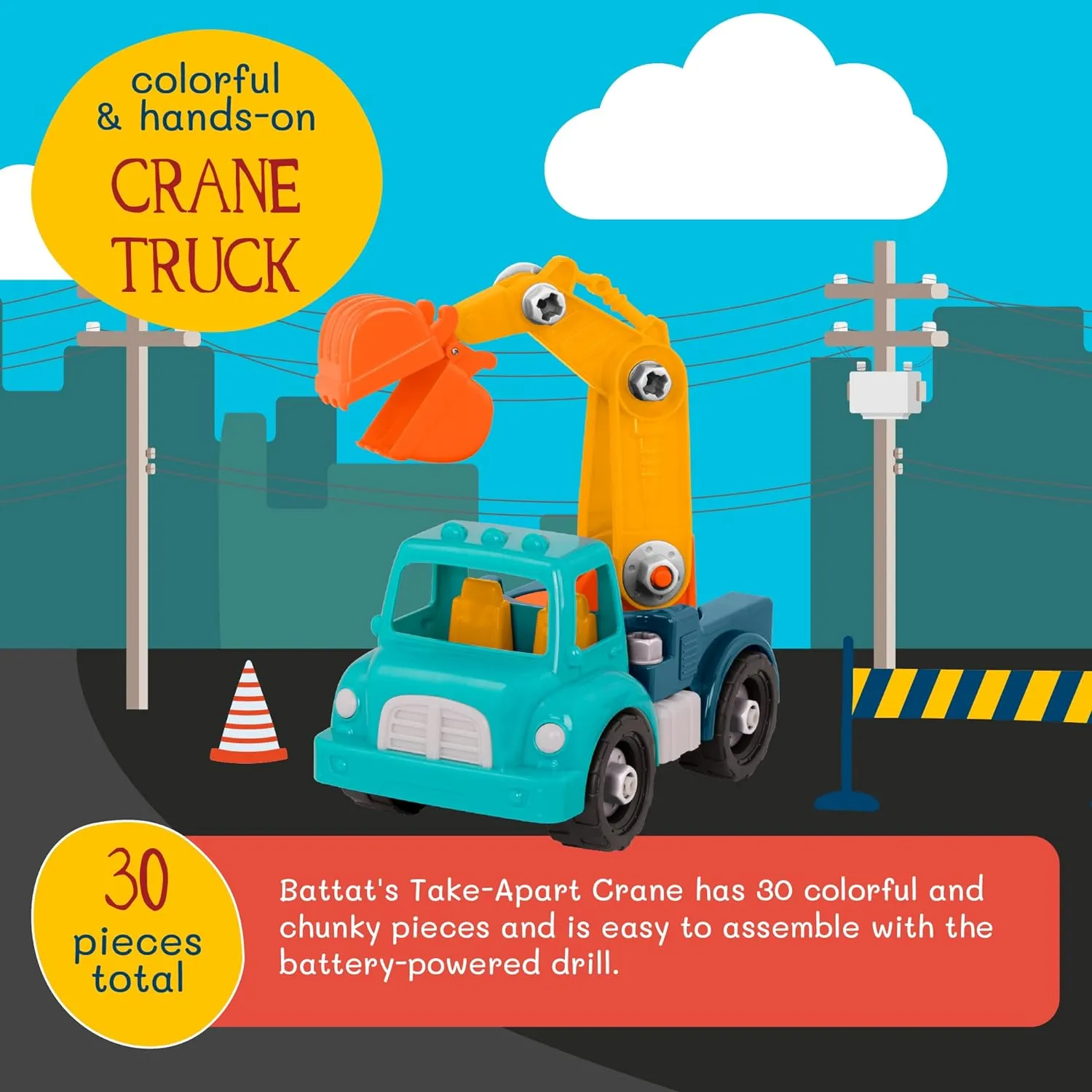 Battat – Classic Construction Toy – Pretend Play Tools – Toddler Trucks – Dexterity Building Toy – 3 Years   – Take-Apart Crane