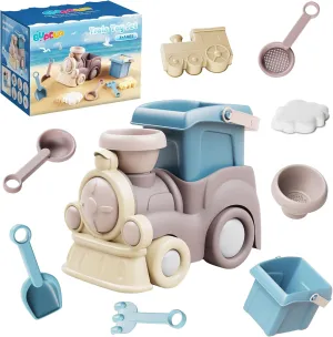 Beach Toys- 8 Pieces Kids Sand Toys Set Train Silicone Beach and Garden Essentials Truck, Beach Bucket, Scoop, Trowel, Colander, Rake, Sandcastle - Sandbox Toys for Toddlers 3 
