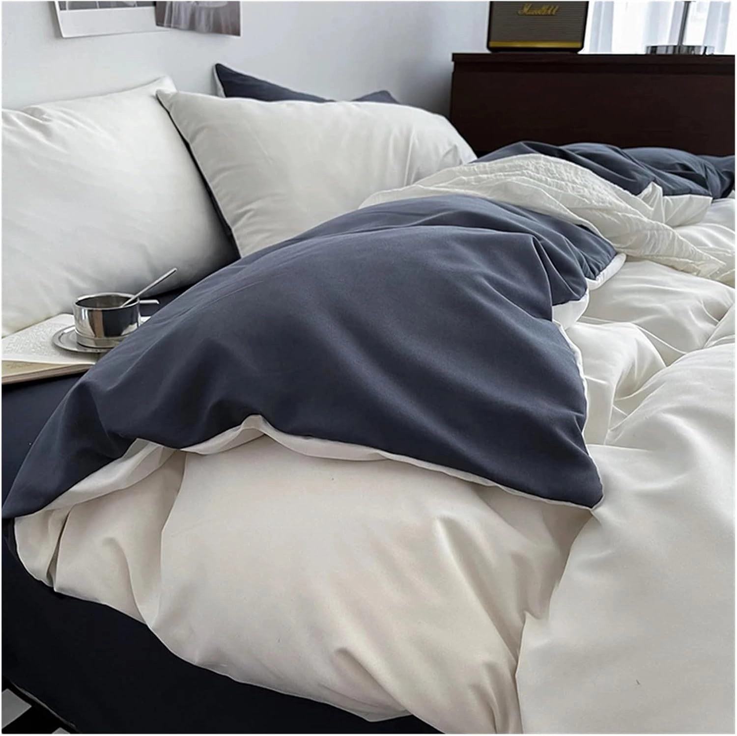Bed Sheets Set, Solid Color King Duvet Cover Set Bedding Set Black Quilt Cover Set Skin Friendly Fabric Bedding Cover Set(B,Twin Size 4pcs)