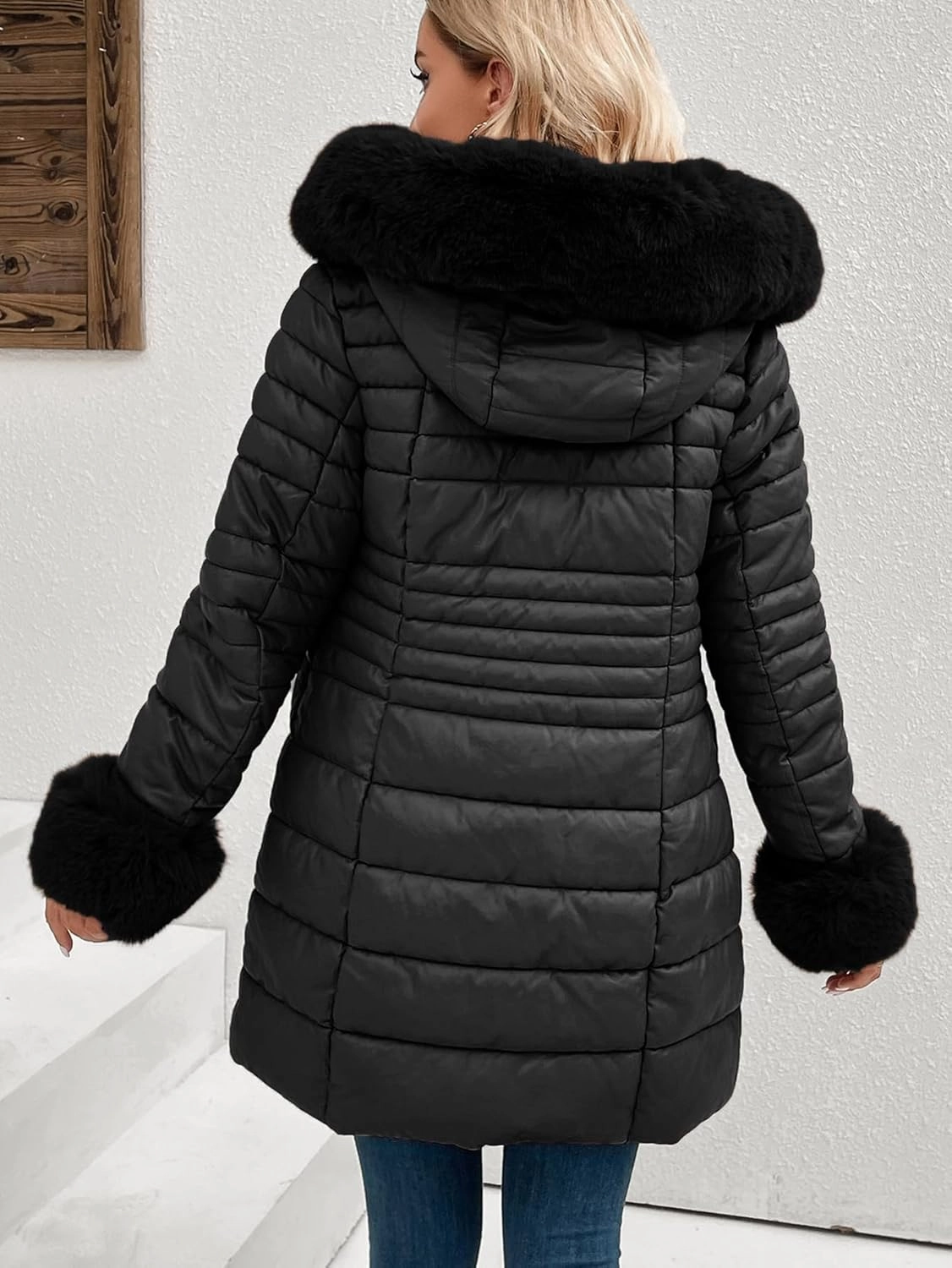 Bellivera Women's Winter Puffer Jacket Cold-Resistant Patchwork Plush Lining Coat with Removable Fur Collar Hooded and Belted