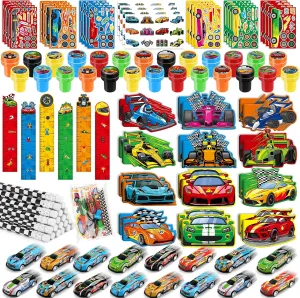 BenLouis 96Pcs Race Car Party Favors Racing Theme School Stationery Set Bulk for Kids Fast Racecar Wheel Birthday Party Goodie Bag Stuffers Classroom Gifts Rewards Pinata Filler